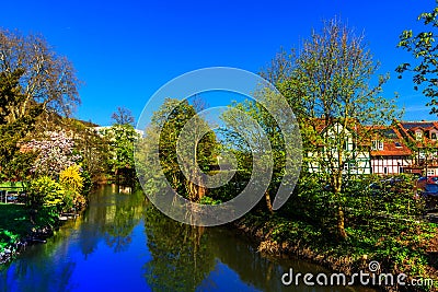 Spring landscape with river in Gelnhausen, Germany Stock Photo