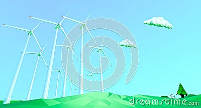landscape with rows of windmills in the green field. Alternative and renewable energies concept. 3d illustration Cartoon Illustration