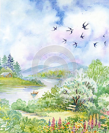 Spring landscape with swallows Stock Photo