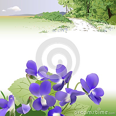 Spring landscape and Violets Vector Illustration