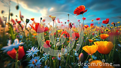 Spring landscape with wildflowers, cornflower, poppies and daisies among the grass, beautiful idyllic rural, countryside landscape Cartoon Illustration