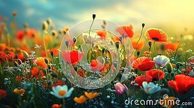 Spring landscape with wildflowers, cornflower, poppies and daisies among the grass, beautiful idyllic rural, countryside landscape Cartoon Illustration