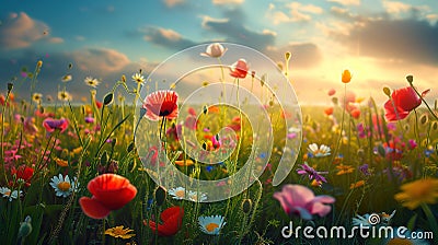 Spring landscape with wildflowers, cornflower, poppies and daisies among the grass, beautiful idyllic rural, countryside landscape Cartoon Illustration
