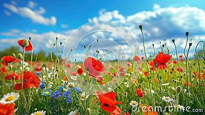 Spring landscape with wildflowers, cornflower, poppies and daisies among the grass, beautiful idyllic rural, countryside landscape Cartoon Illustration