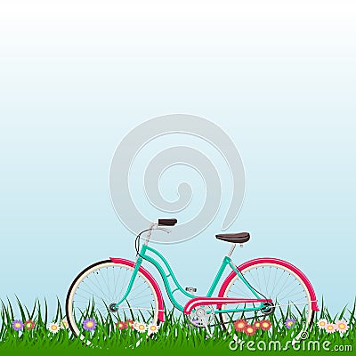 Spring landscape with a woman bike on grass with flowers Vector Illustration