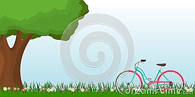 Spring landscape with a woman bike on grass and a tree Vector Illustration
