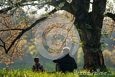 On the spring lawn, a father and son are sitting under a tree Stock Photo