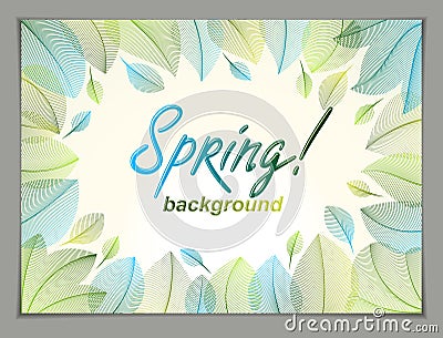 Spring leaves horizontal background, nature seasonal template for design banner, ticket, leaflet, card, poster with green and Vector Illustration