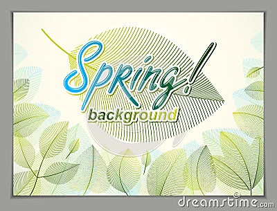 Spring leaves horizontal background, nature seasonal template for design banner, ticket, leaflet, card, poster with green and Vector Illustration