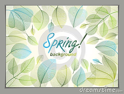 Spring leaves horizontal background, nature seasonal template for design banner, ticket, leaflet, card, poster with green and Vector Illustration