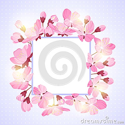 Spring lettering. Blossoming tree brunch with spring flowers on blue background. Vector illustration. Vector Illustration