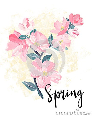 Spring lettering. greeting cards, banners and invitation card with blossom sakura flowers. Color pink sakura cherry blossom flowe Stock Photo