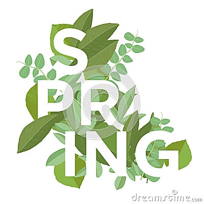 Spring letters on leaves background. Spring Poster with typography and plants. Vector Illustration