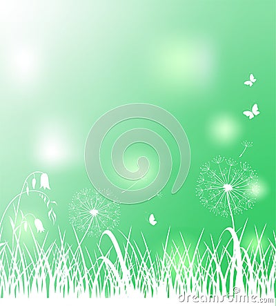 Spring light green background for Easter greeting card, social media, web banner, sale labels and discount promo with grass, dande Vector Illustration