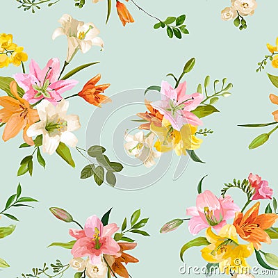 Spring Lily Flowers Background - Seamless Floral Pattern Vector Illustration