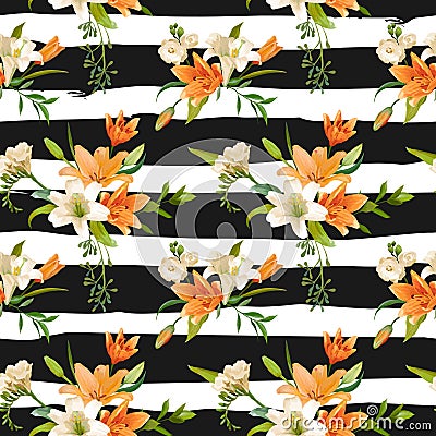 Spring Lily Flowers Background - Seamless Floral Pattern Vector Illustration