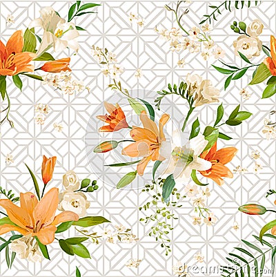 Spring Lily Flowers Background - Seamless Floral Pattern Vector Illustration