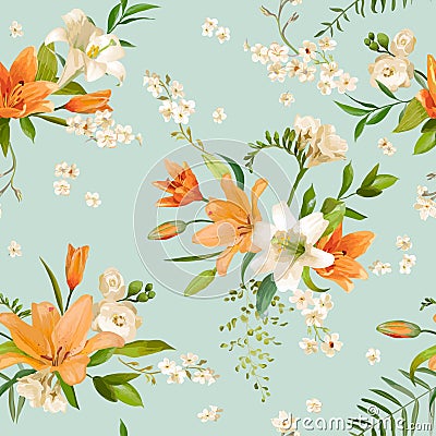 Spring Lily Flowers Background - Seamless Floral Pattern Vector Illustration