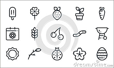 spring line icons. linear set. quality vector line set such as easter egg, ladybug, sun, sakura, tree branch, calendar, earthworm Vector Illustration