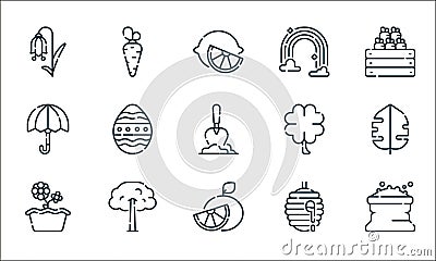 spring line icons. linear set. quality vector line set such as fertilizer, grapefruit, flower, beehive, tree, umbrella, clover, Vector Illustration