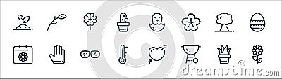 spring line icons. linear set. quality vector line set such as flower, barbecue grill, thermometer, calendar, tree, clover, hatch Vector Illustration