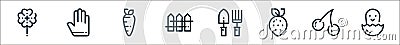 spring line icons. linear set. quality vector line set such as hatch, cherry, strawberry, gardening tools, fence, carrot, gloves Vector Illustration