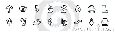 spring line icons. linear set. quality vector line set such as picnic basket, earthworm, wheat, bird house, rain, tulip, mushroom Vector Illustration