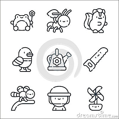 spring line icons. linear set. quality vector line set such as pinwheel, beekeeper, dragonfly, saw, watering can, duck, skunk, ant Vector Illustration