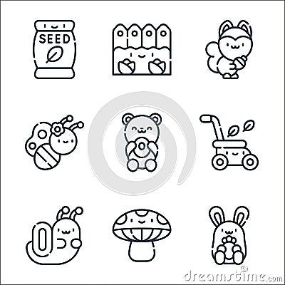 spring line icons. linear set. quality vector line set such as rabbit, mushroom, snail, lawn mower, bear, butterfly, squirrel, Vector Illustration