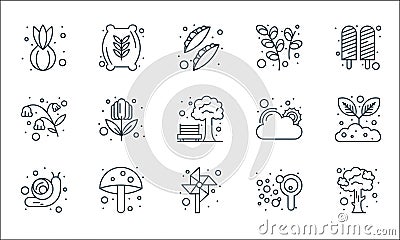 spring line icons. linear set. quality vector line set such as tree, pinwheel, snail, soap, mushroom, flowers, good weather, Vector Illustration