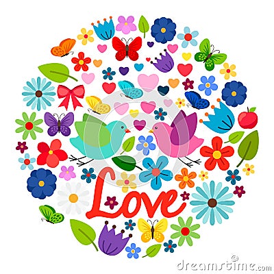 Spring love card round label Vector Illustration