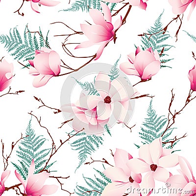 Spring magnolia flowers seamless vector pattern Vector Illustration