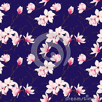Spring magnolia navy seamless vector pattern Vector Illustration