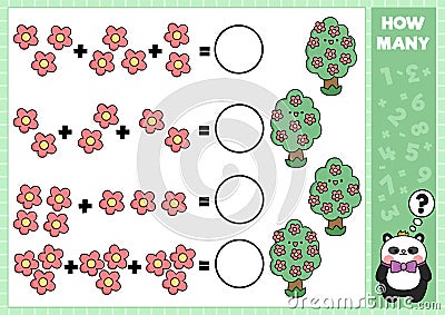 Spring matching game with cute kawaii blossoming trees. Garden math activity for preschool kids. Educational printable Easter Vector Illustration