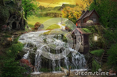 Background creek in a fairytale valley Cartoon Illustration