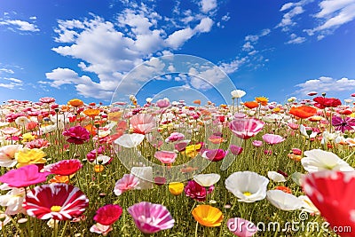 Spring meadow with multi-colored forest flowers and blue sky in the background. Stock Photo