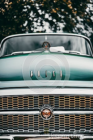 Spring meeting of owners of old cars in the city of Hagfors-Sweden. Closeup of the front grille. Editorial Stock Photo