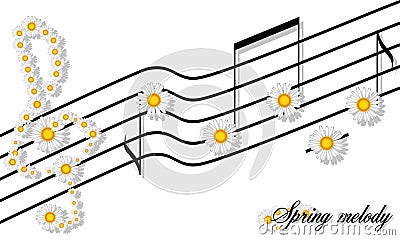 Spring Melody print floral pattern of camomiles notes on a stave and the treble clef isolated on white Vector Illustration