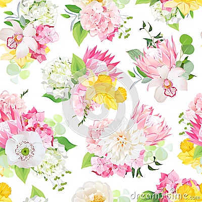 Spring mixed bouquets of pink hydrangea, protea, white poppy, dahlia, orchid, daffodil and bright green plants seamless vector des Vector Illustration