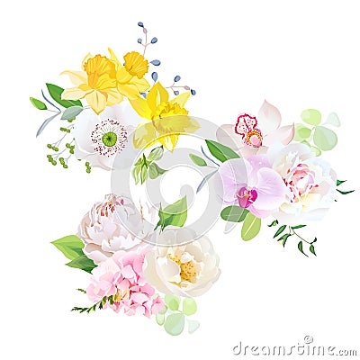 Spring mixed bouquets vector design set. Vector Illustration