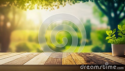 Spring mockup background. Blank wooden tabletop in front, blank space to display graphics. Stock Photo