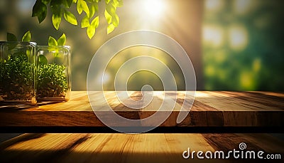 Spring mockup background. Blank wooden tabletop in front, blank space to display graphics. Stock Photo