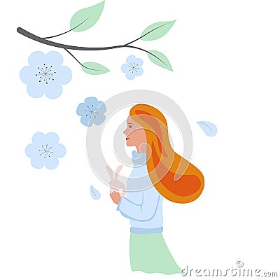 Spring mood. The girl admires the flowering of the apple tree. Vector Illustration