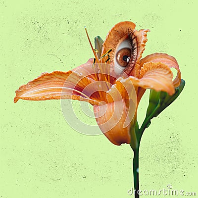 Surreal lily flower with an eye inside it on light green background. Modern design. Contemporary art. Creative Stock Photo