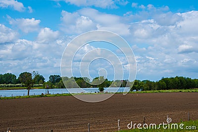 Spring morning in dutch dike landscape at the river Maas. Agricultural landscape Stock Photo