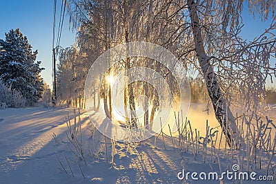 Spring morning landscape with fog and a forest, river, Russia, Ural Stock Photo