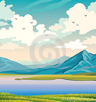 Spring nature - mountains, lake, grass, flowers, cloudy sky. Cartoon Illustration