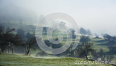 Spring morning mist in the vast Rhodopes Stock Photo