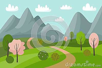 Spring mountain landscape with flowering trees. Cartoon panorama of spring nature, road and meadow. Vector Illustration