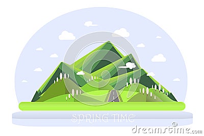 Spring mountain landscape. Green hills, blue sky, white clouds, green trees, grey highway Vector Illustration